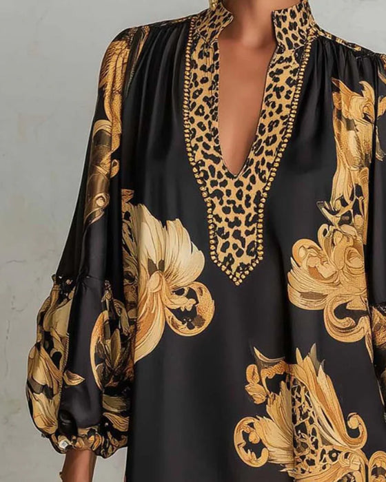 Leopard Lantern Sleeve Stand Collar Print Dress