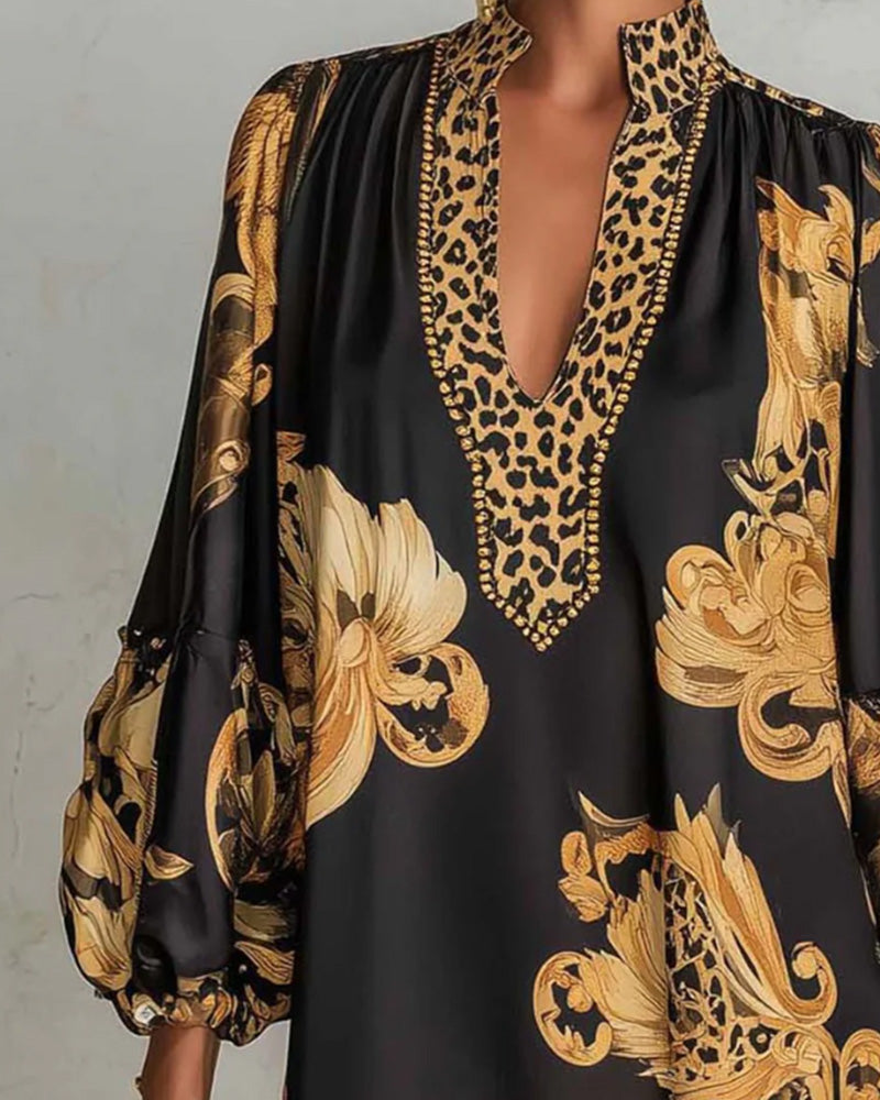 Leopard Lantern Sleeve Stand Collar Print Dress