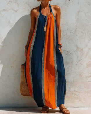 Color Block Vertical Stripe Halter Dress