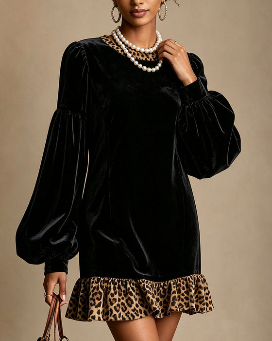 Round Neck Lantern Sleeve Leopard Print Dress