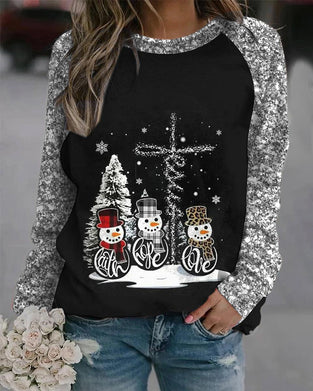Stylish Snowman Print Crew Neck T-Shirt