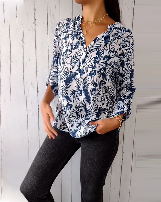 Leaf print V-neck buttoned nine-quarter sleeves casual blouse