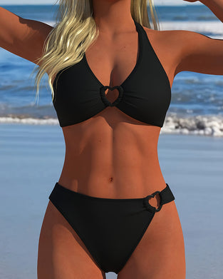 Halter Heart Buckle Solid Color Bikini