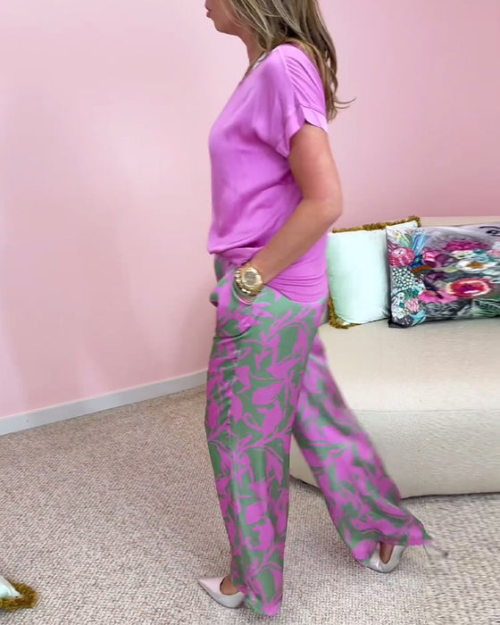 Casual printed short sleeve pocketed set