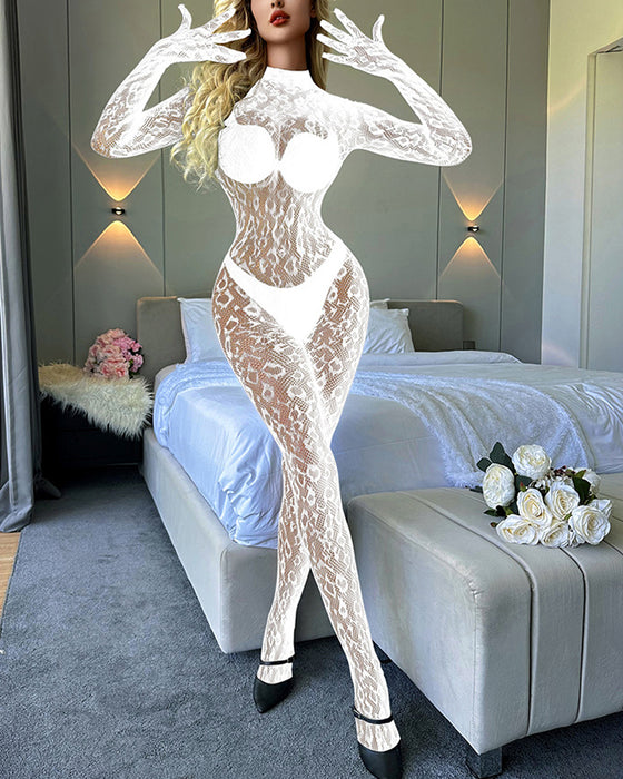 Long-Sleeved One-Piece Fishnet Stockings Underwear