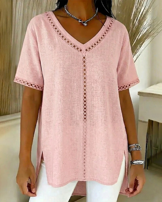 Hollow V-Neck Cotton Linen Top