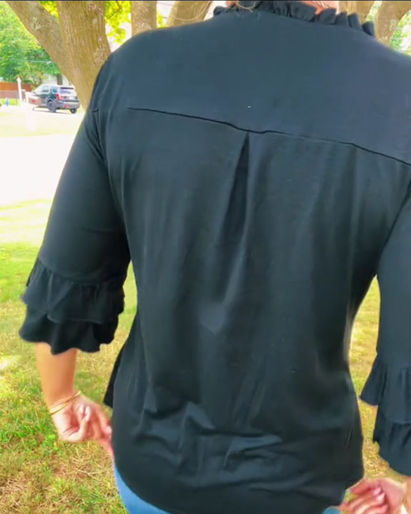 Ruffle V-Neck Three-Quarter Sleeve Top