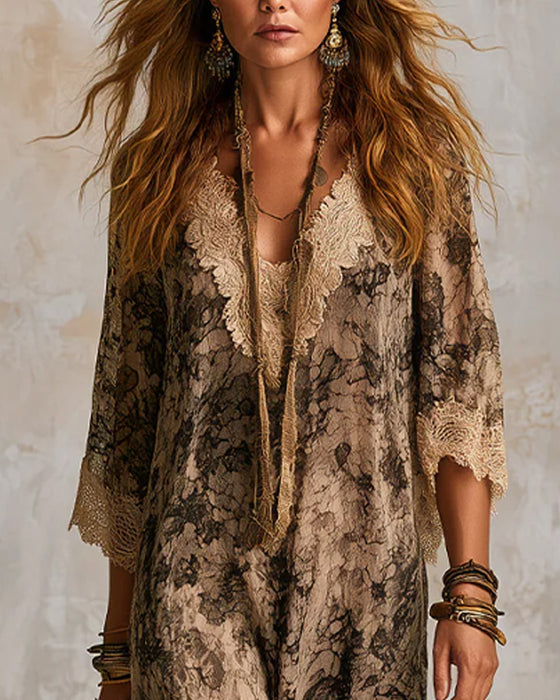 V-Neck Lace Patchwork Asymmetric Dress