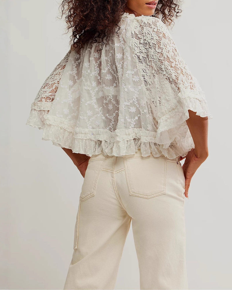 Lace Hollow-Out Ruffle Sleeve Sun Protection Blouses