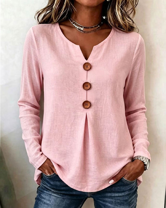 Solid Color V-Neck Buttoned Smocked Top