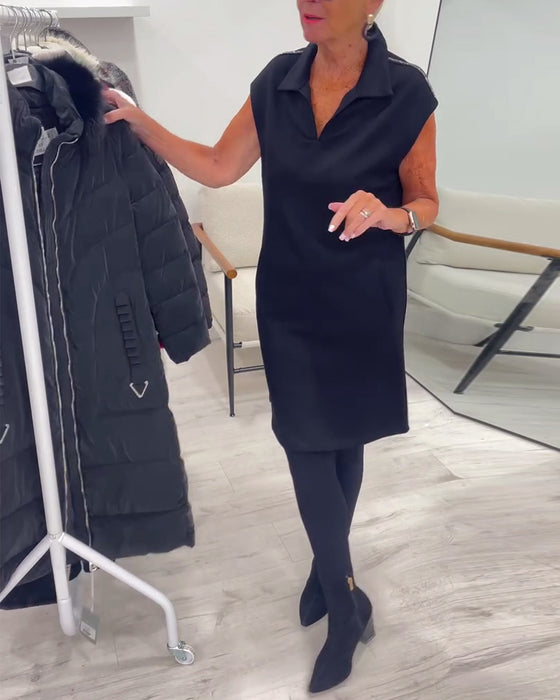 Sleeveless Lapel Pocket Solid Dress