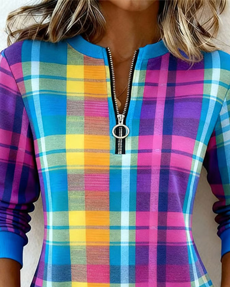 Half-Zip Colorful Plaid Sweatshirt