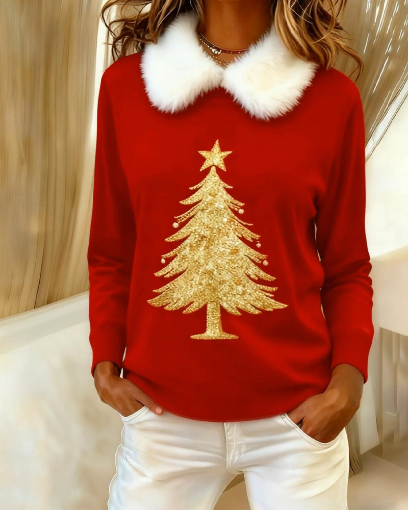 Fur-Collar Printed Long-Sleeved Top