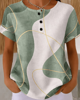Color Contrast Line Button Crew Neck Blouse