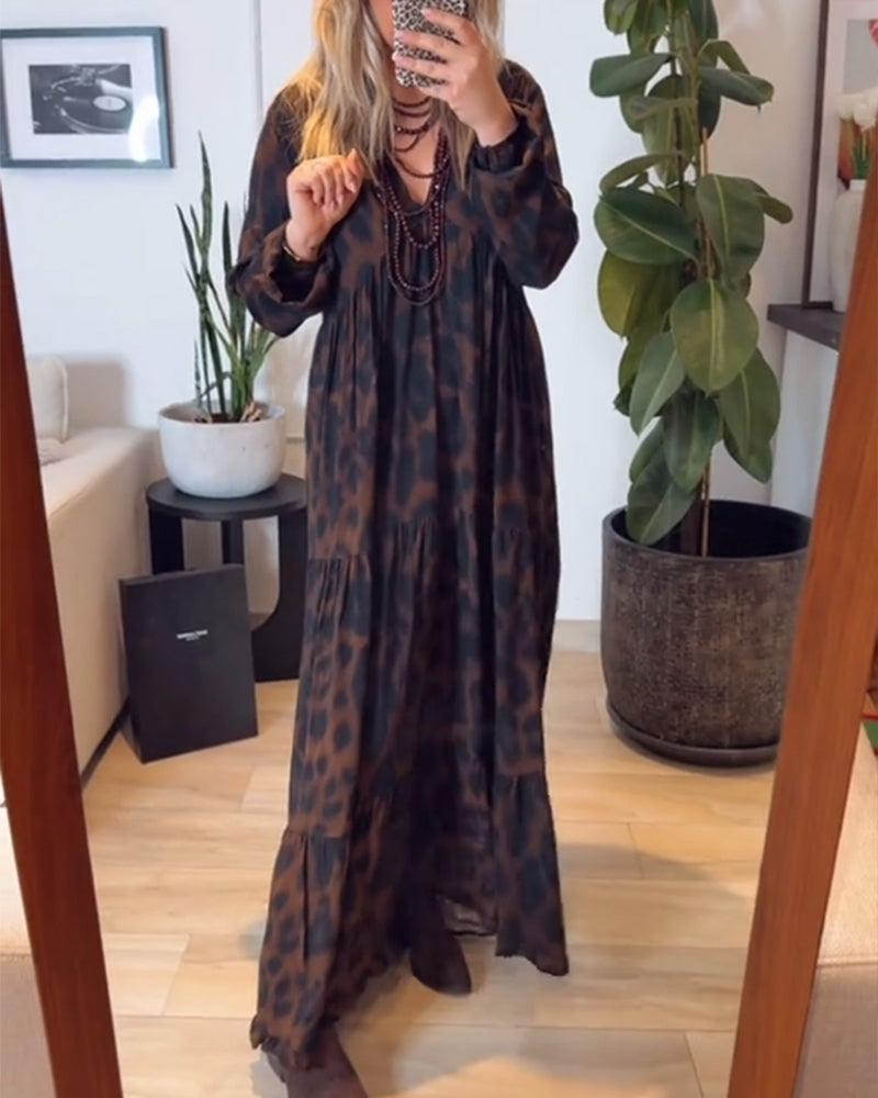 V-Neck Leopard Print Fashion Maxi Dress