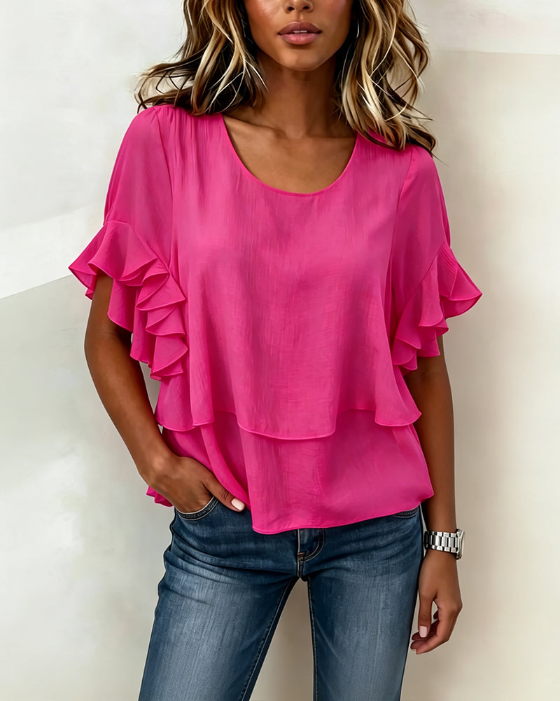 Round Neck Ruffled Short-Sleeved T-Shirt