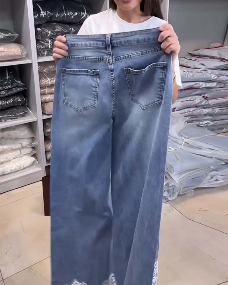 Casual Solid-Color Wide-Leg Denim Pants