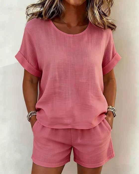 Solid Round Neck Short Sleeve Shorts Set