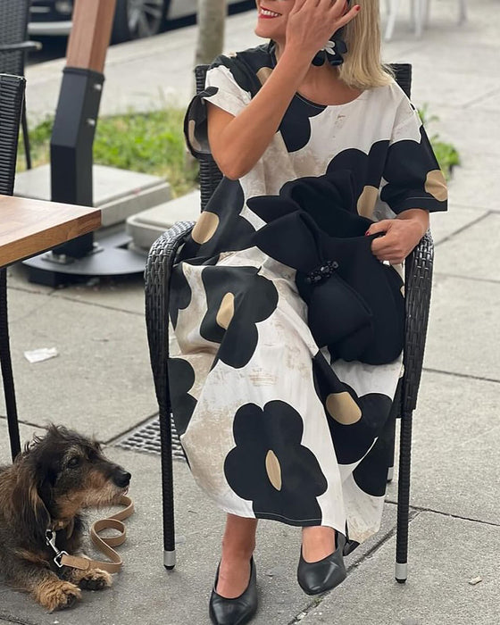 Floral print crew neck pocket loose dress