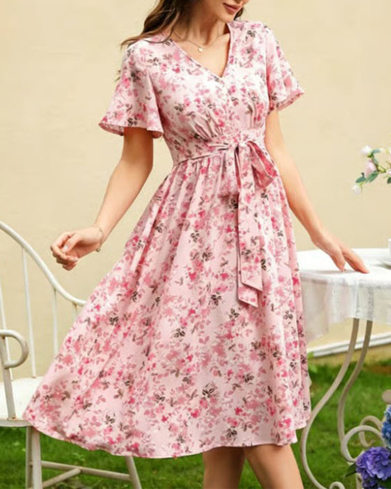 V-Neck Floral A-Line Dress