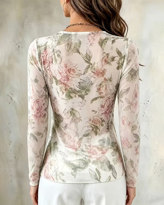 Gathered‑Neck Floral Print Pleated Blouse