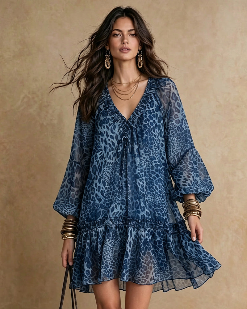 V-Neck Leopard Print Puff-Sleeve Ruffle Dress