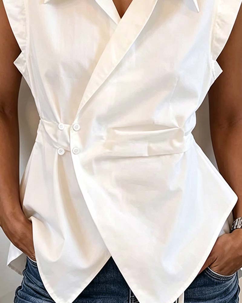 Waist-Cinched Sleeveless Cross Button Blouses