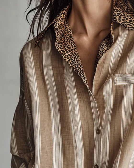 Casual Shirt Collar Leopard Stripe Shirt