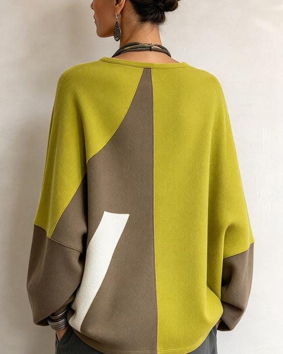 Crew Neck Raglan Sleeve Color-Block Top
