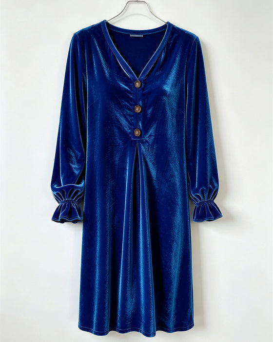 V-Neck Button Ruffle Pleated Dress