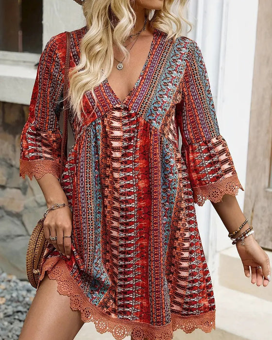 V-Neck Lace Three-Quarter Sleeve Dress