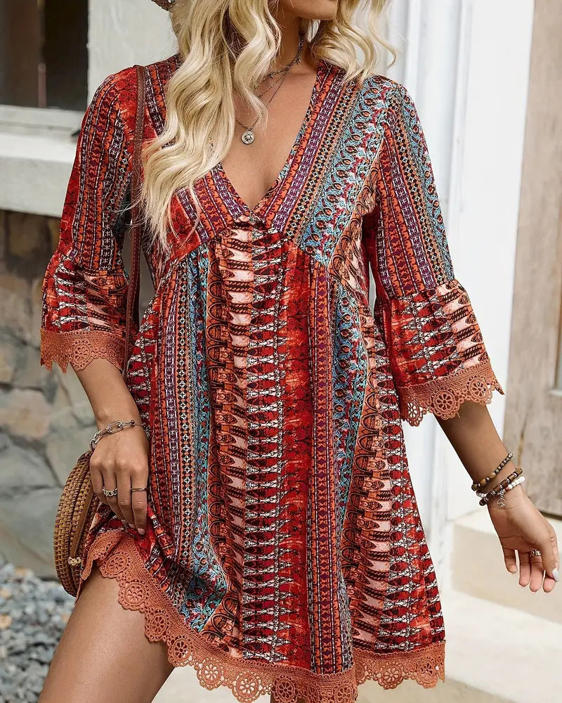 V-Neck Lace Three-Quarter Sleeve Dress