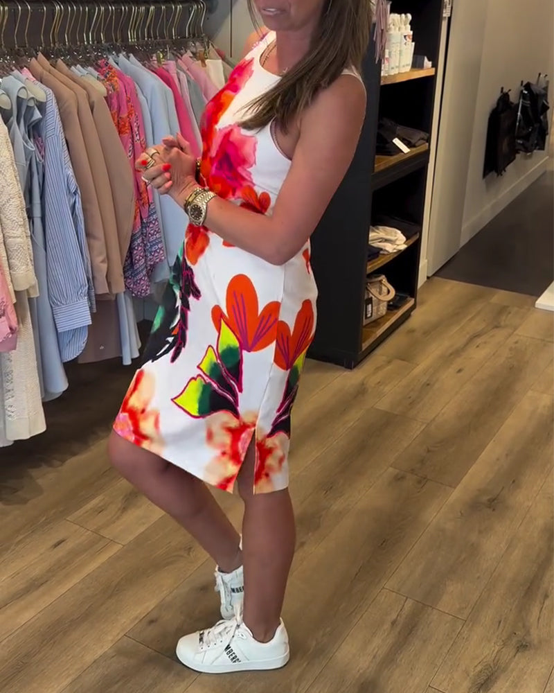 Watercolor Large Flower Sleeveless Hip Dress