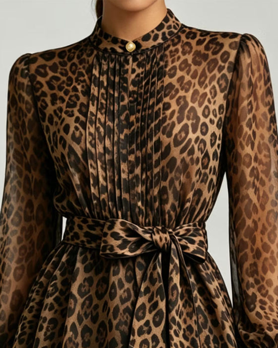 Leopard Print Stand Collar Puff Sleeve Lace Up Blouse