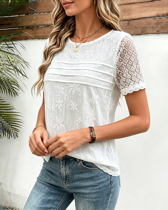 Lace Patchwork Pleated T-Shirt