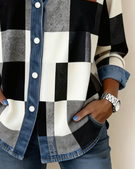 Plaid Color Block Denim Patchwork Shirt