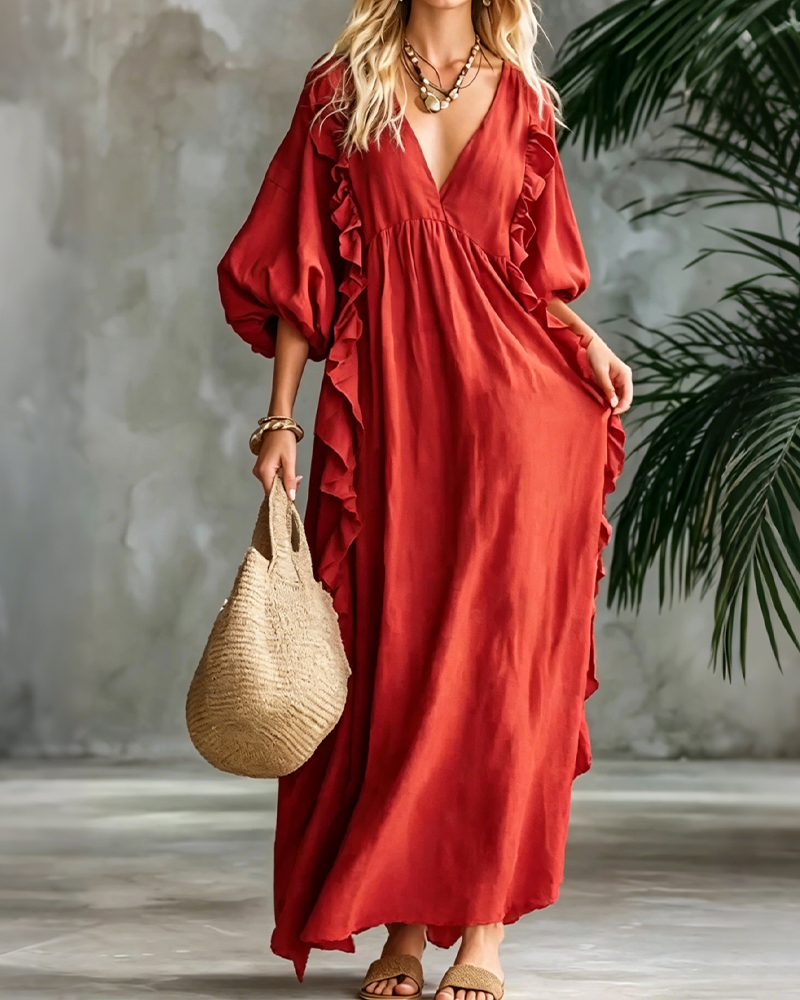 V-Neck Lantern Sleeve Loose Dress
