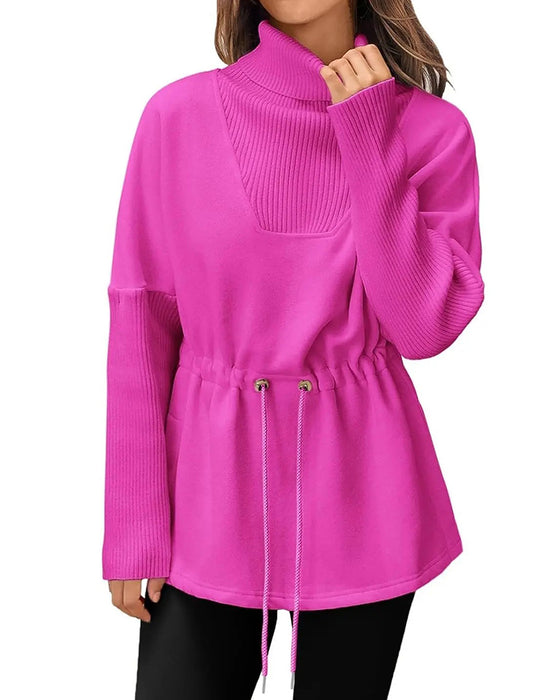 High Collar Long Sleeve Waist Drawstring Sweatshirt