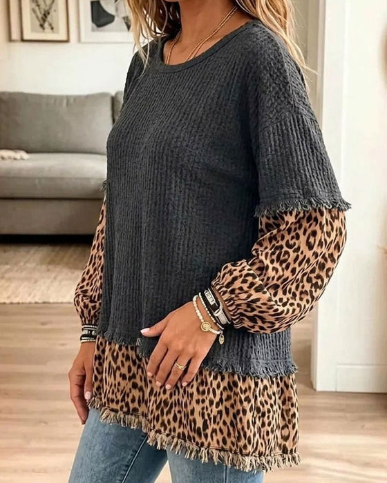 Round Neck Leopard Print Patchwork Tassel Top