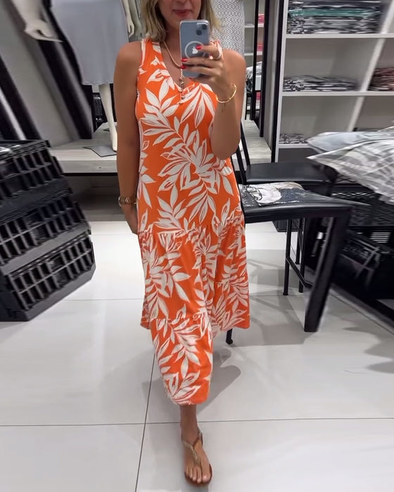 Casual sleeveless maple leaf print dress