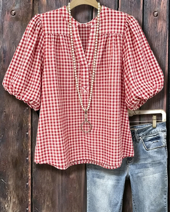 Plaid Print Puff Sleeve Short Sleeve Blouse