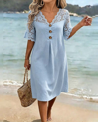 V-Neck Lace Panel Short-Sleeved Dress