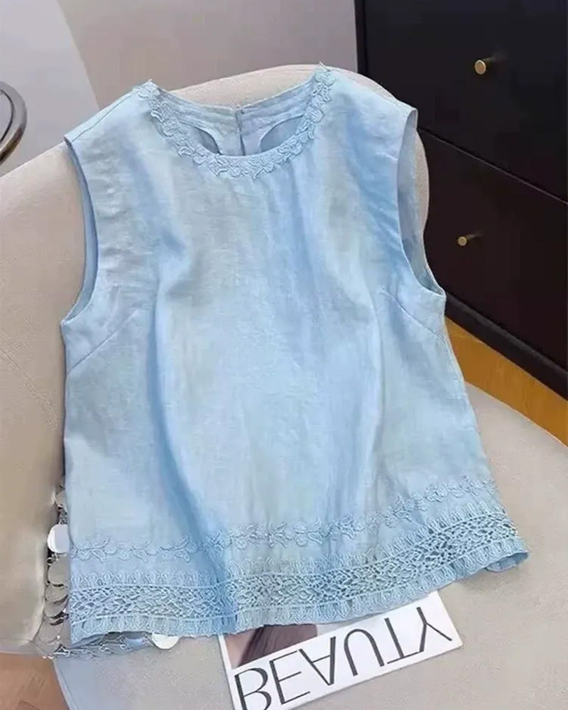 Round Neck Embroidered Trim Tank Top