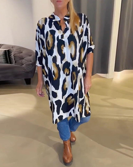 Stand-Up Collar Short-Sleeved Leopard Print Dress