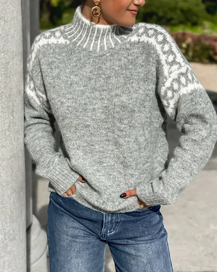 High Neck Patterned Contrast Sweater