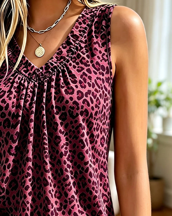 V-Neck Leopard Shirred Tank Top