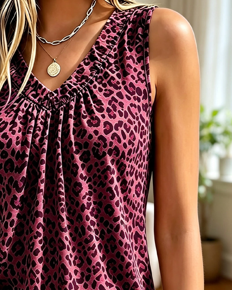 V-Neck Leopard Shirred Tank Top