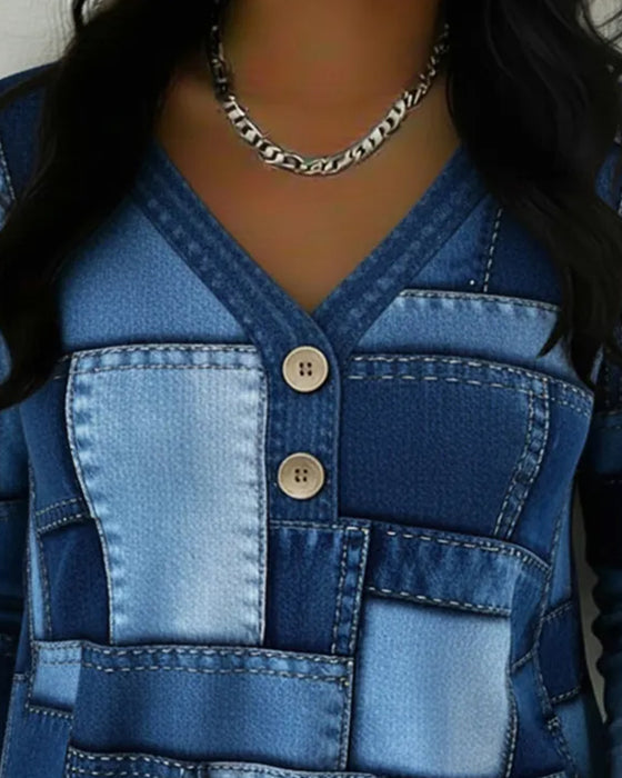 Button-Down V-Neck Plaid Top