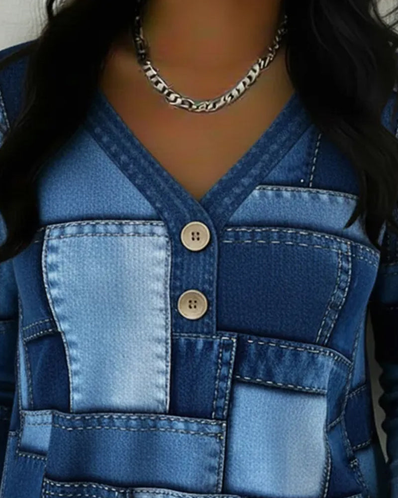 Button-Down V-Neck Plaid Top