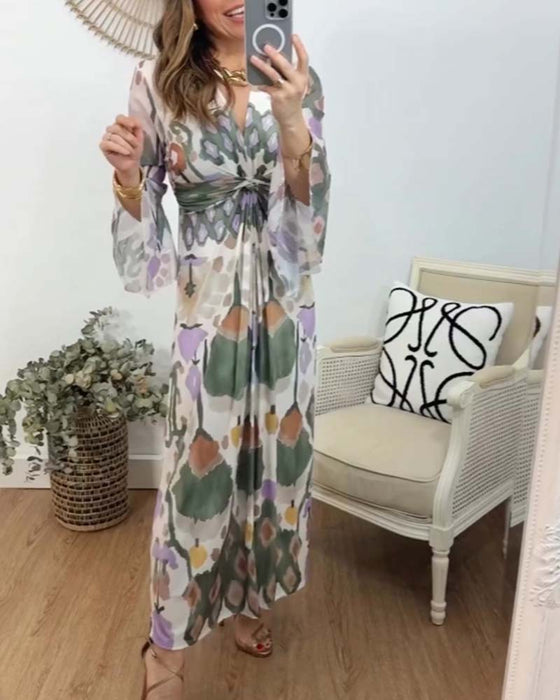 Elegant printed V-neck flare sleeves long dress